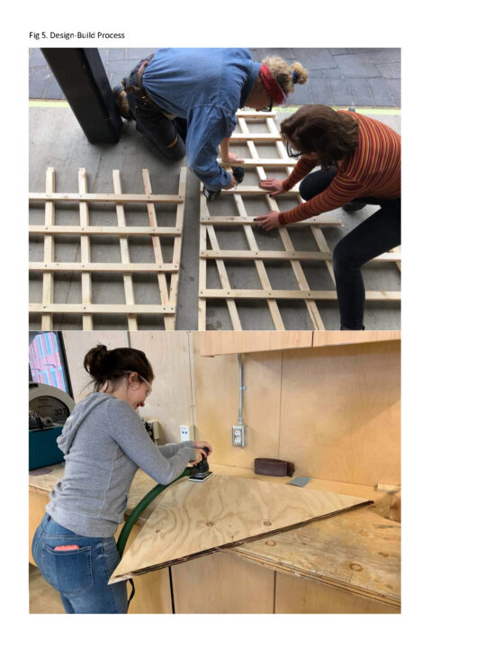 Two photographs of students in a workshop building play structures