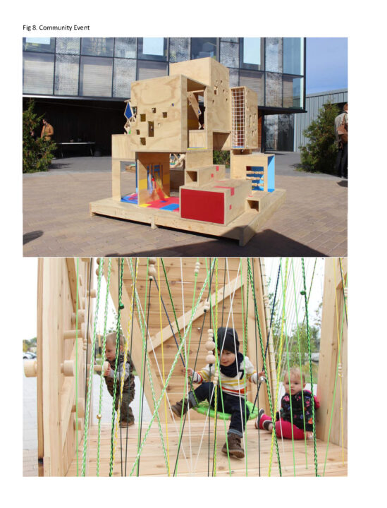 Two photographs of children's play structures with children interacting with them