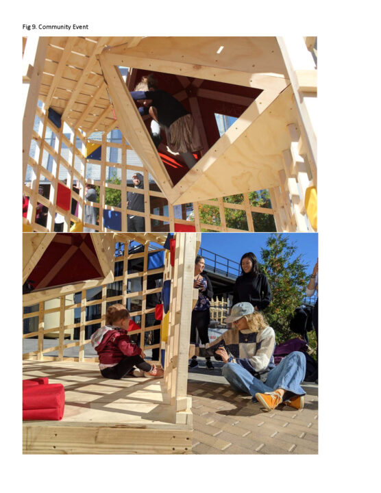 Two photographs of of students and children playing in the structures