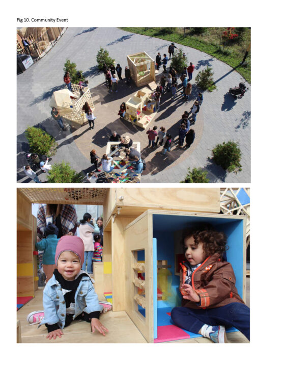 Two photographs, one aerial view of the children's play structure and the other, a close up of two children playing