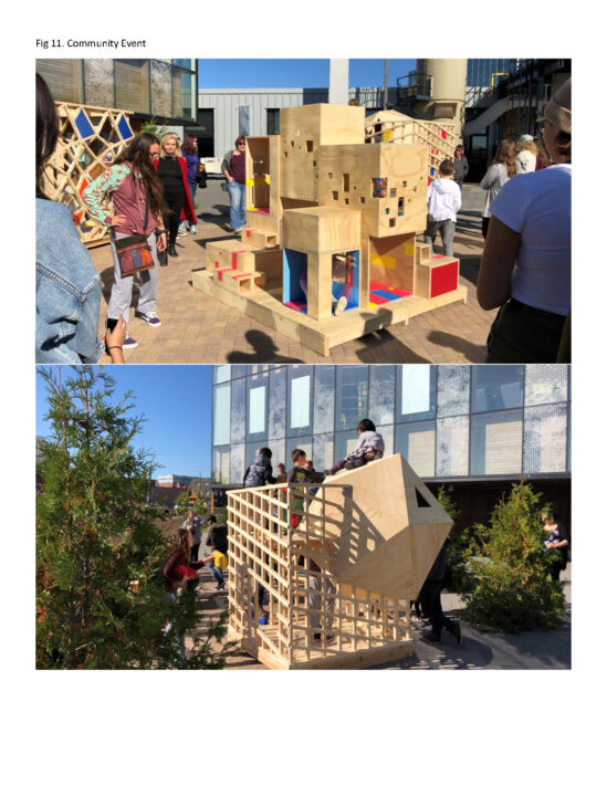 Two photographs of children's play structures with the public interacting with them