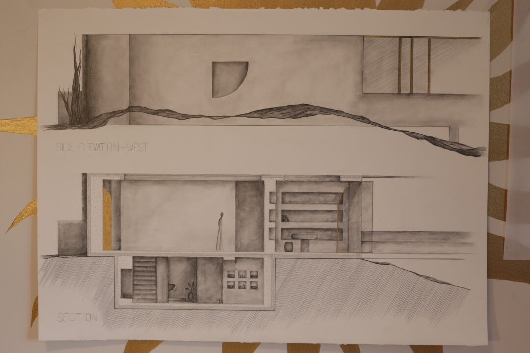 Hand drawn section and elevation done by a first year student