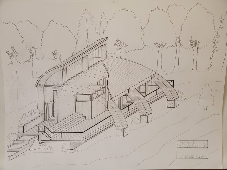 Hand drawn perspective drawing done by a first year student