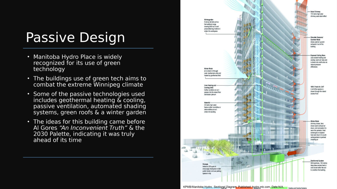 Text with a passive design perspective diagram of the Manitoba Hydro Place