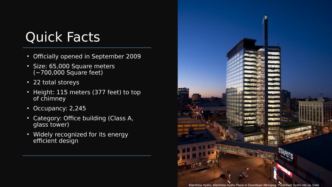 Text with facts and a sunset photograph of the Manitoba Hydro Place building