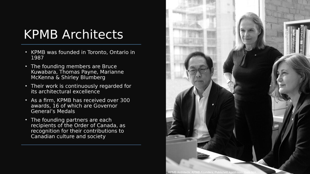 Text and a black and white photograph of the three founding members of the architect firm KPMB