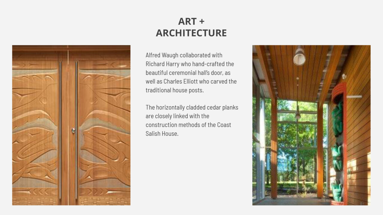 Poster with text and two photographs of a wooden carved door and the outside of the Coast Salish House