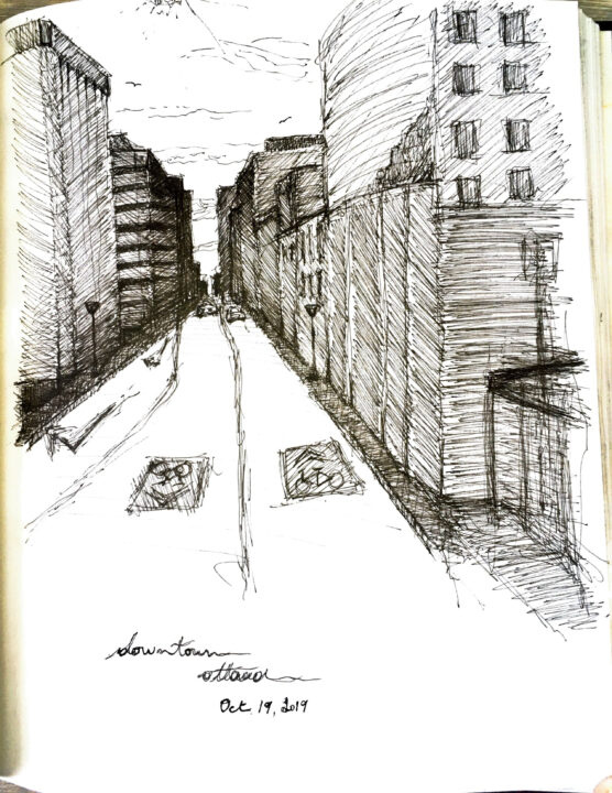 Perspective drawing of a downtown street and buildings