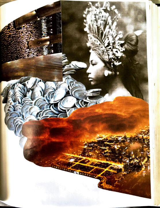 Photo collage featuring a black and white woman and a burning city