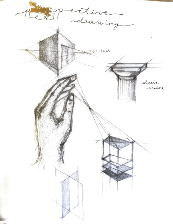 Sketchbook page showing different perspective sketches