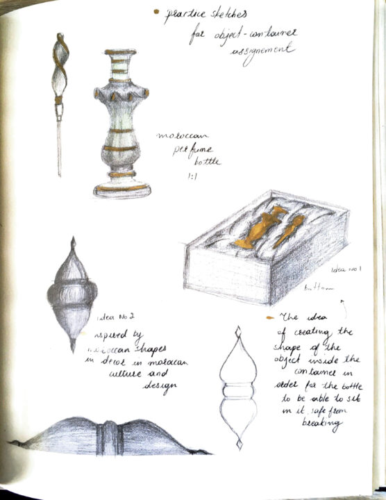 Sketchbook page with text and sketches of vases