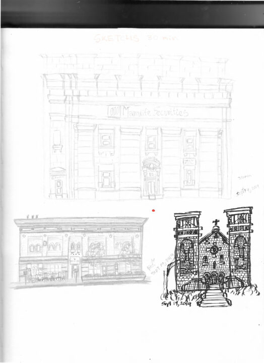 Sketchbook page with drawings of churches