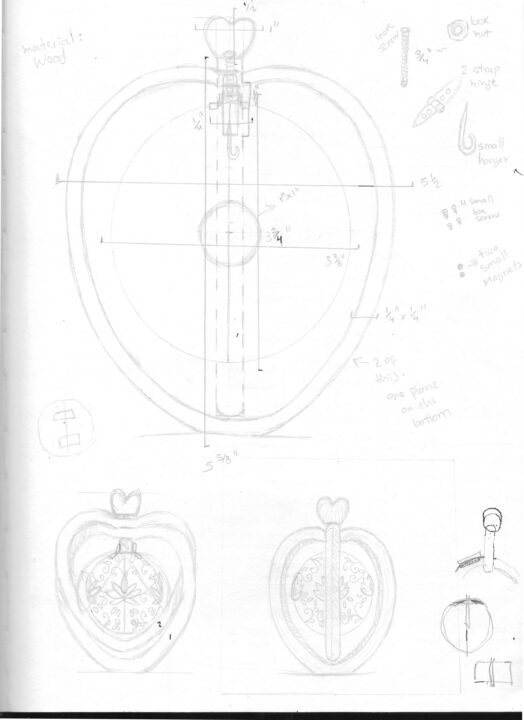 Sketchbook page with hand drawn construction drawings of an object