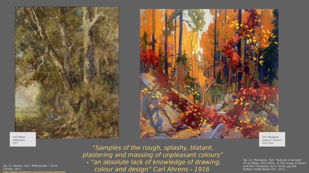 Poster with text comparing the landscape oil paintings, Midsummer by Carl Ahrens and Autumn's Garland by Tom Thompson