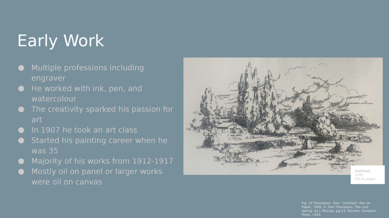 Poster with text and an image of an ink on paper landscape with trees by Tom Thompson