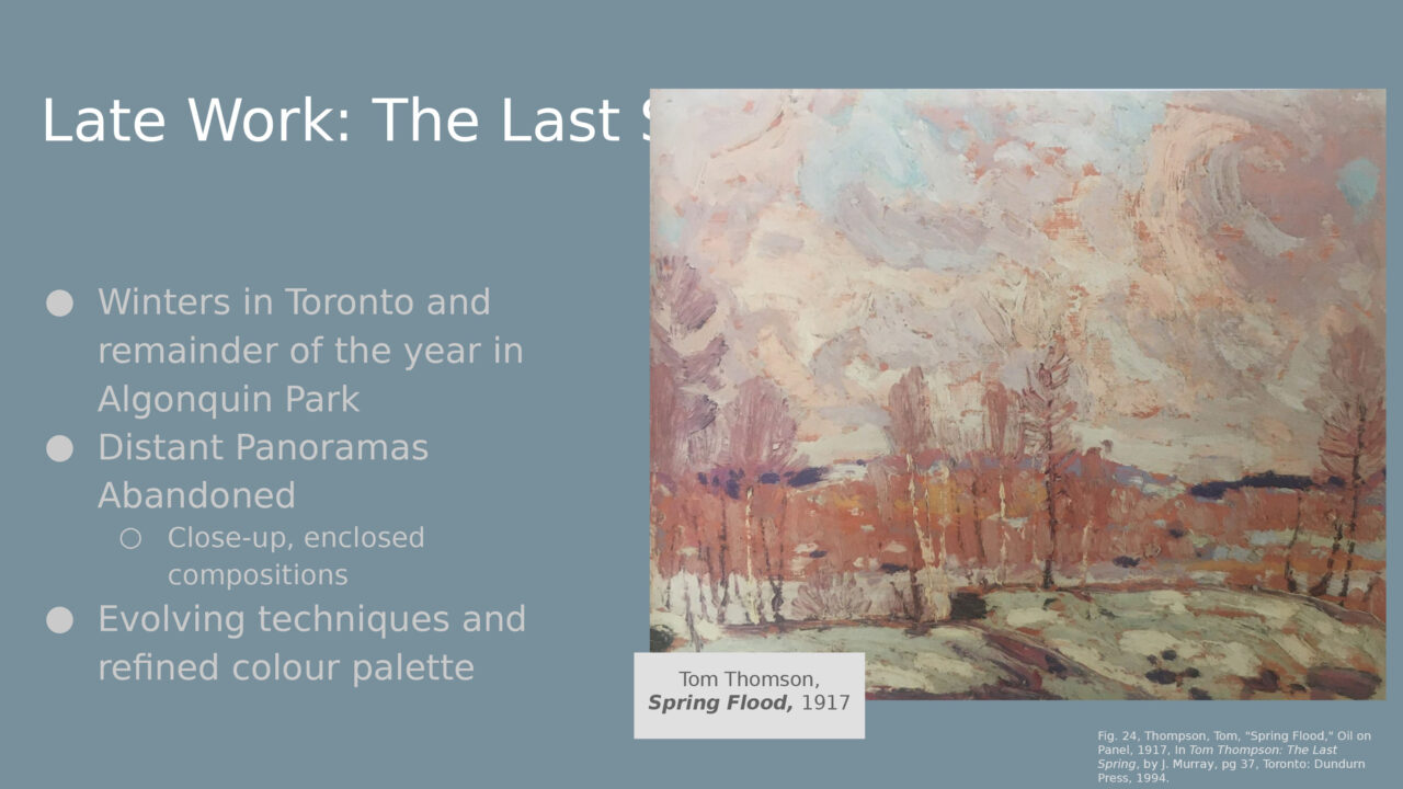 Poster with text and a landscape oil painting entitled Spring Flood by Tom Thompson