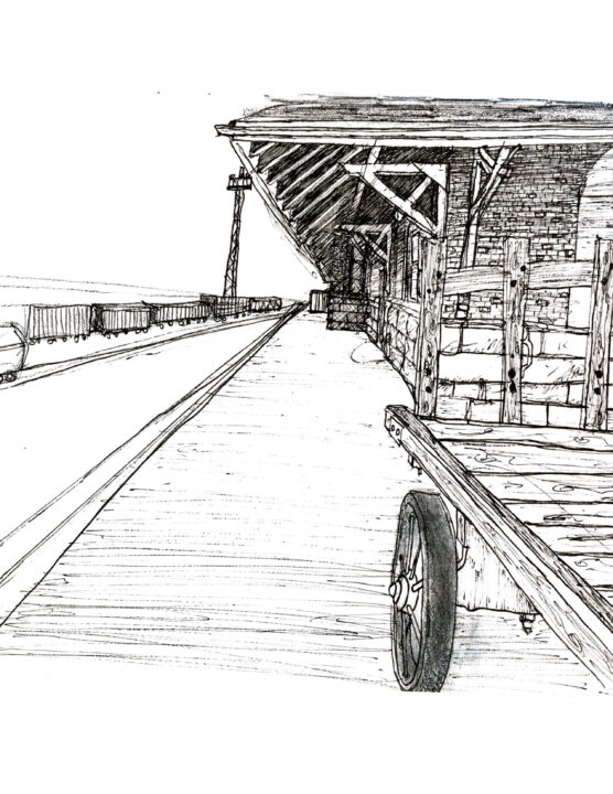 Sketchbook page with a perspective drawing of the outside of a train station and tracks