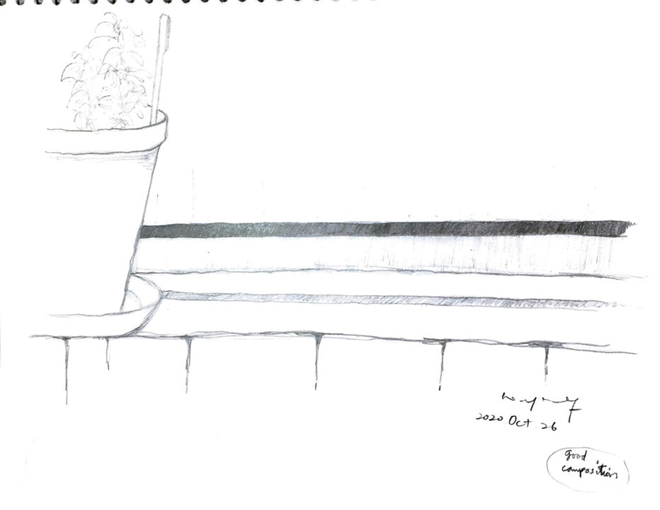 Sketchbook page with a black and white perspective sketch of a flower pot on a window ledge