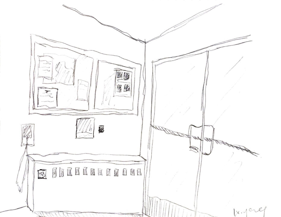 Sketchbook page with a graphite perspective of a doorway and bulletin board