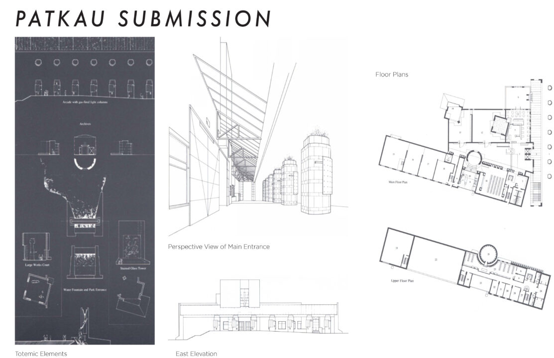 Poster with architectural drawings of the Canadian Clay and Glass Museum competition submission by Patkau