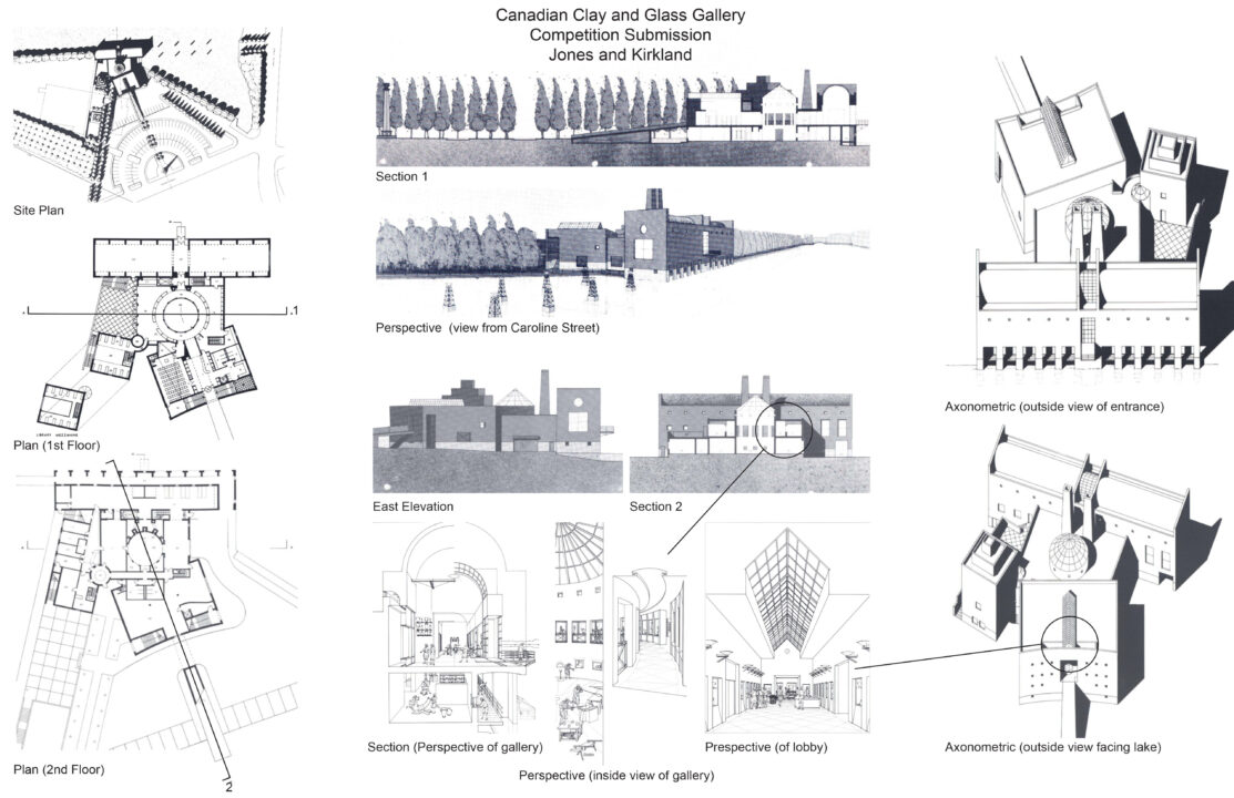 Poster with architectural drawings of the Canadian Clay and Glass Museum competition submission by Jones and Kirkland