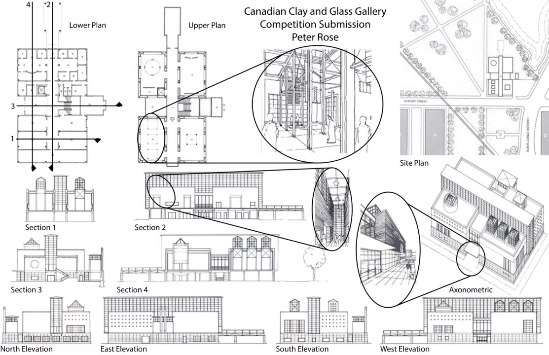 Poster with architectural drawings of the competition submission for the Canadian Clay and Glass Museum by Peter Rose