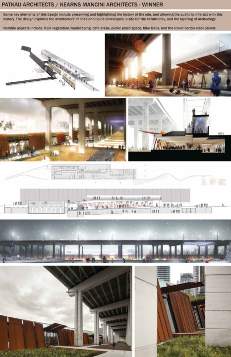 Poster with multiple architectural drawings of the Fort York Visitor Centre