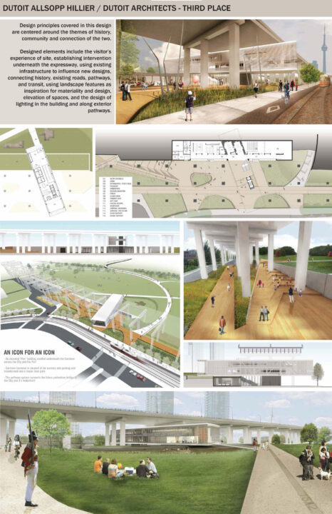 Poster with renders and perspective drawings of the Fort York Visitor Centre