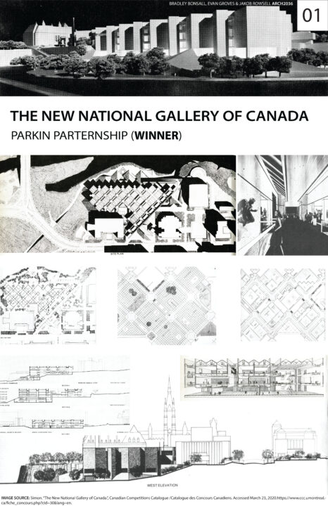 Poster containing multiple photographs of a model of the New National Gallery of Canada as well as floor plans and site plans