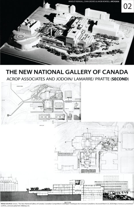 Poster containing multiple photographs of a model of the New National Gallery of Canada as well as site plans and a section of the building