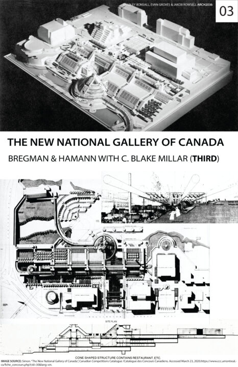 Poster containing multiple photographs of a model of the New National Gallery of Canada as well as a section and roof plan of the building