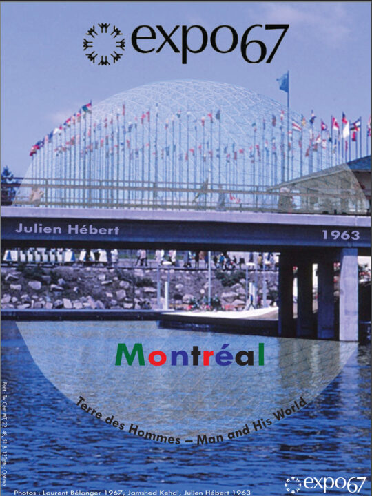 Promotional poster for expo67 showing a bridge over water with flags