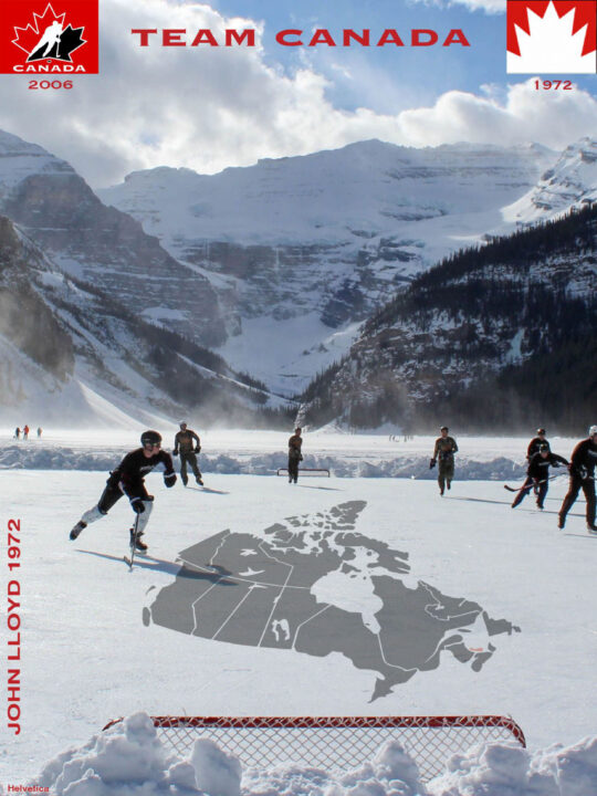 Promotional poster for team canada showing men playing hockey in the mountains