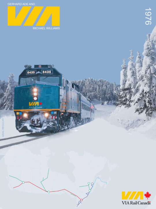 Promotional poster for via rail showing a train going through a forest in winter