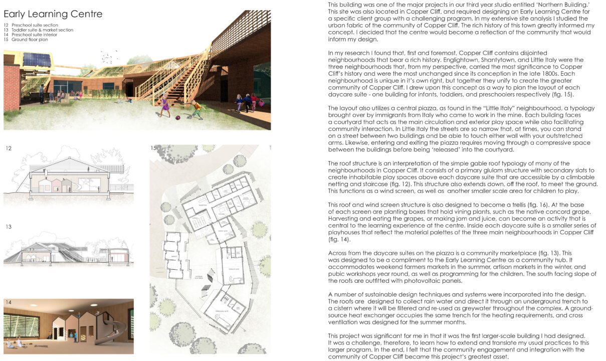 Text with concept diagrams and renderings showing an early education center