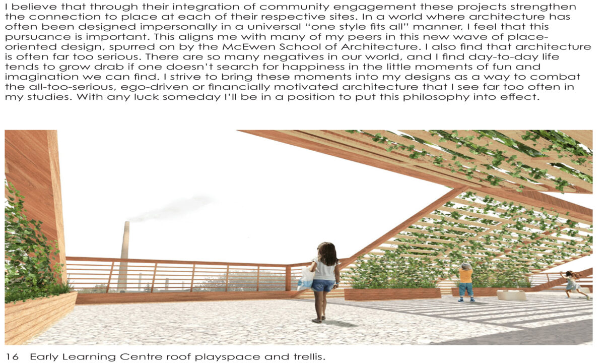 Text with an exterior render of a roof play area in an early education center