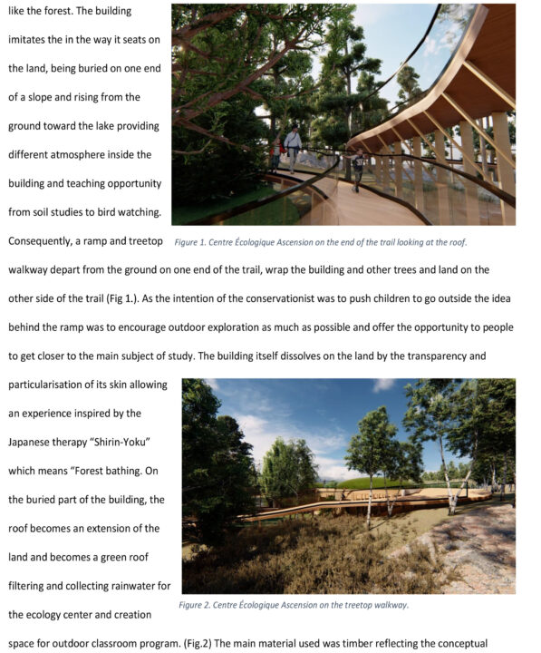 Text with exterior rendering of an ecology center