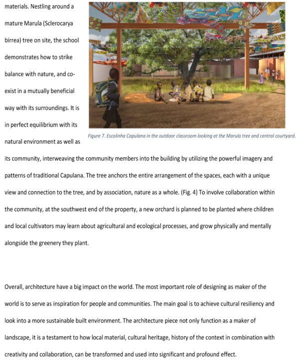Text with an exterior rendering of an outdoor classroom in a courtyard