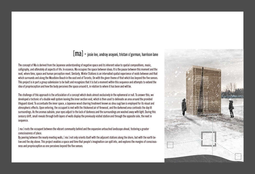 Poster with text and exterior rendering of a wooden ice hut in winter
