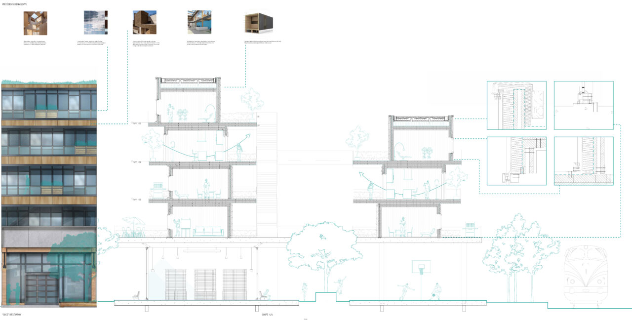 Poster with detailed sections and diagrams of a student designed multi story buildings