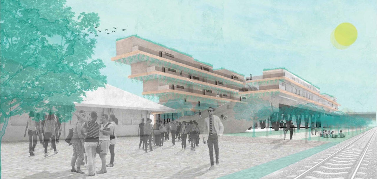 Exterior render of people gathering outside of a student designed multi story buildings