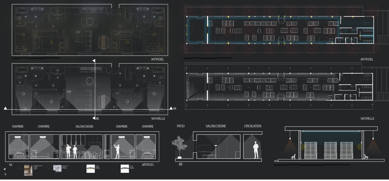 Poster with diagrams and plans showing lighting strategies of a student designed multi story buildings
