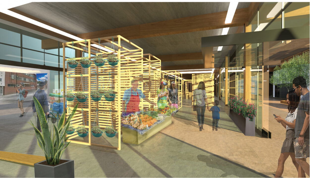 Interior render of a wooden market building with people gathering