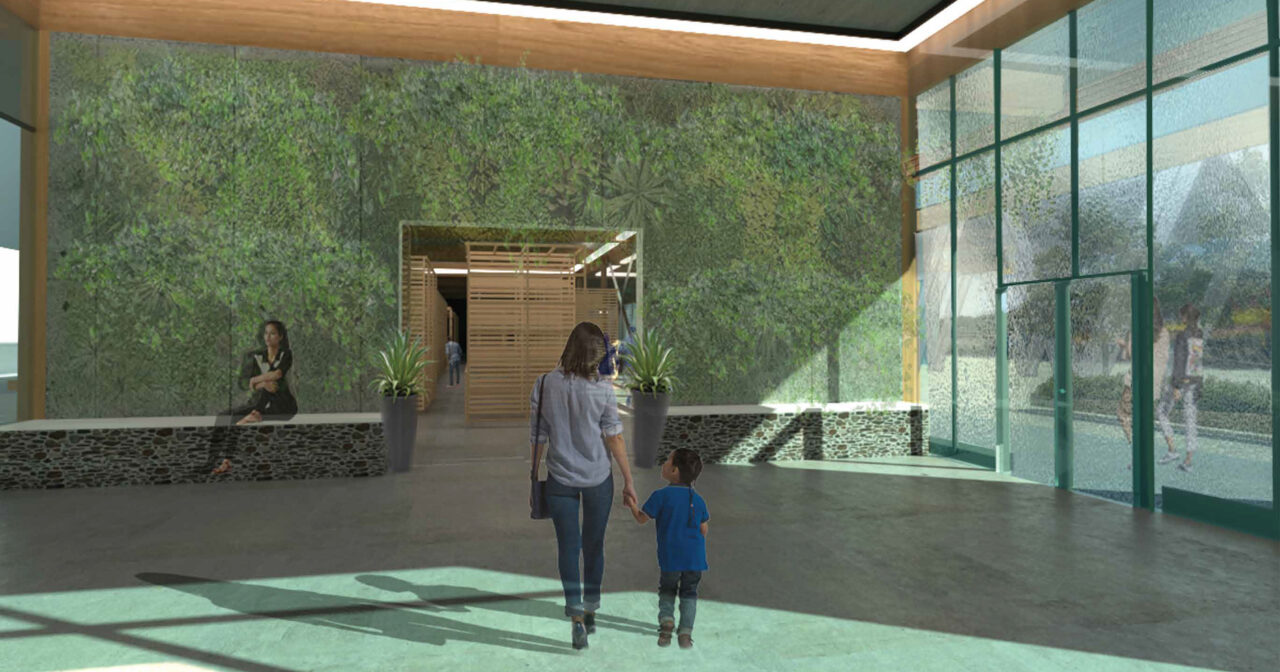 Interior render of people walking through a hallway towards a green wall