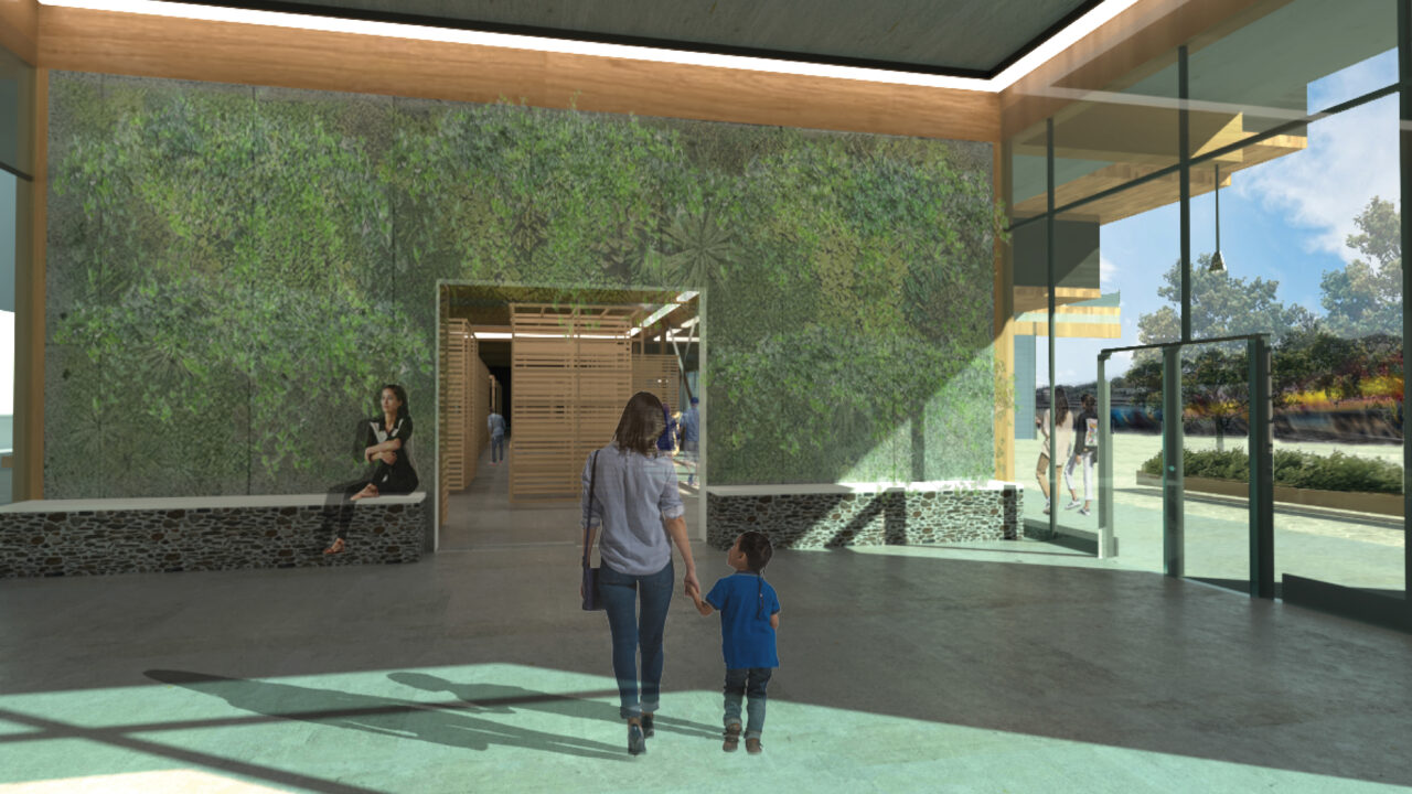 Interior render of people walking into a building towards a doorway in a green wall