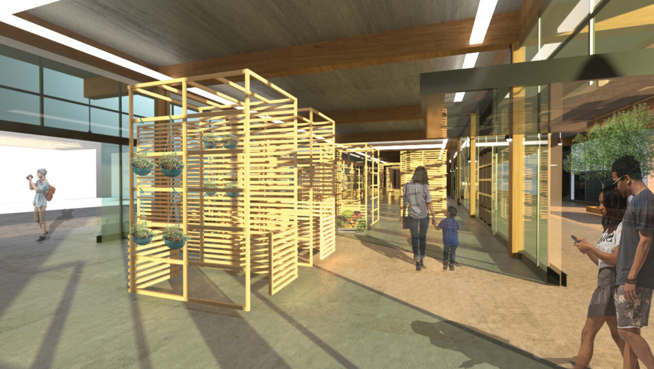 Interior render of people mingling in a student designed wooden market