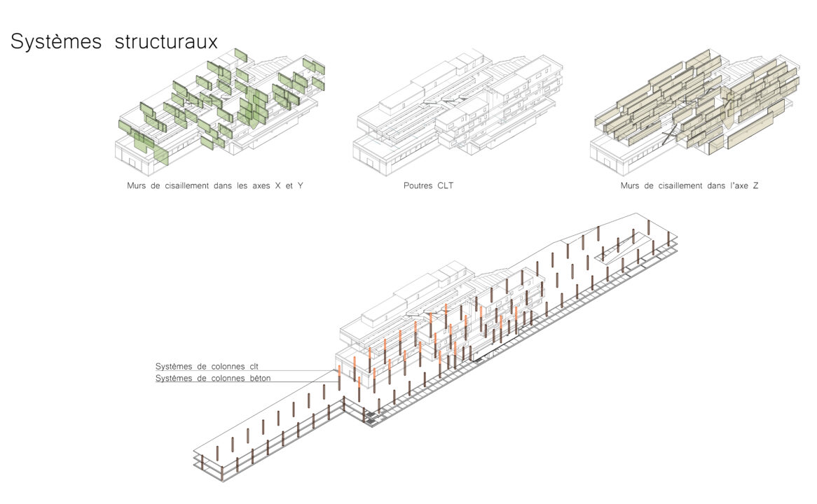 A series of structural diagrams of the student designed buildings