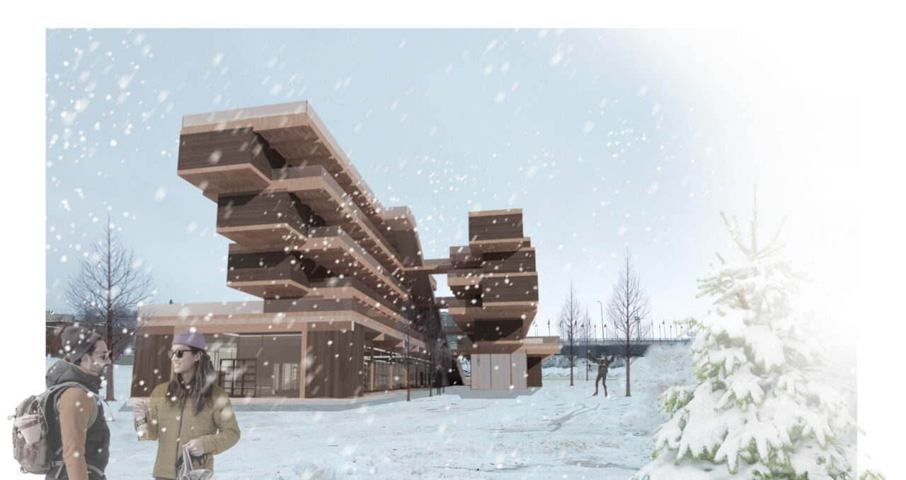 Exterior render in the winter of the student designed buildings