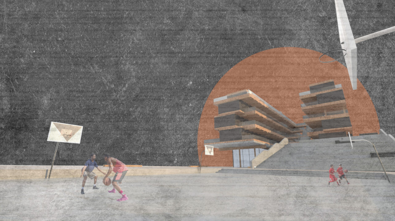 Exterior render of the student designed buildings