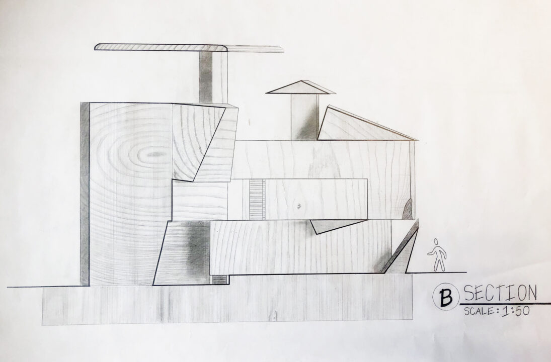 Hand drawn section of a building model made of wood